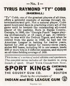 1976 TCMA Goudey Reprints #1 Ty Cobb Back