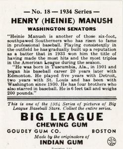 1976 TCMA Goudey Reprints #18 Heinie Manush Back