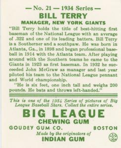 1976 TCMA Goudey Reprints #21 Bill Terry Back