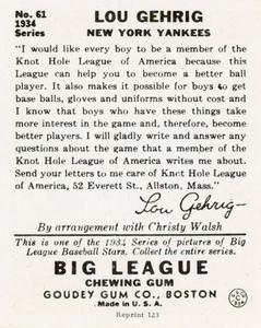 1976 TCMA Goudey Reprints #61 Lou Gehrig Back