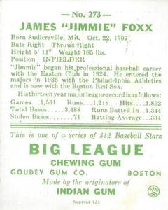 1976 TCMA Goudey Reprints #273 Jimmie Foxx Back