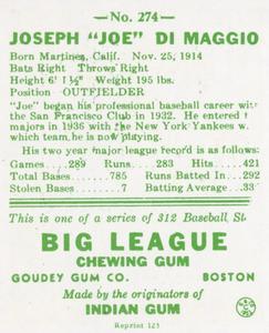 1976 TCMA Goudey Reprints #274 Joe DiMaggio Back