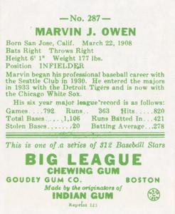 1976 TCMA Goudey Reprints #287 Marvin Owen Back