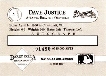 1991 The Colla Collection Dave Justice #1 Dave Justice Back