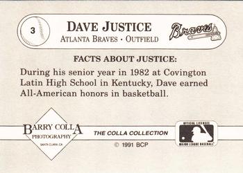 1991 The Colla Collection Dave Justice #3 Dave Justice Back