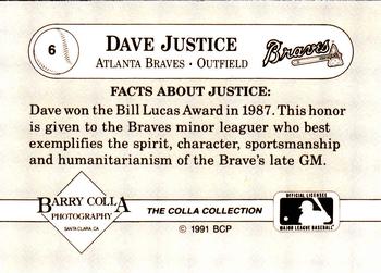 1991 The Colla Collection Dave Justice #6 Dave Justice Back