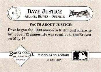 1991 The Colla Collection Dave Justice #8 Dave Justice Back