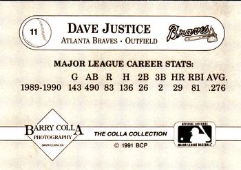 1991 The Colla Collection Dave Justice #11 Dave Justice Back