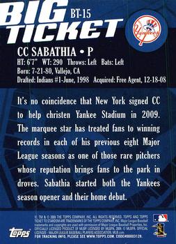 2009 Topps Ticket to Stardom - Big Ticket #BT-15 CC Sabathia Back