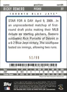 2009 Topps Ticket to Stardom - Blue #217 Ricky Romero Back