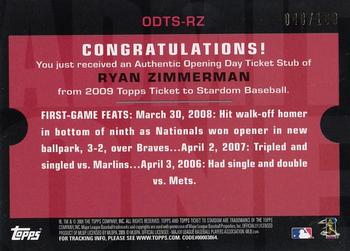 2009 Topps Ticket to Stardom - Opening Day Ticket Subs #ODTS-RZ Ryan Zimmerman Back