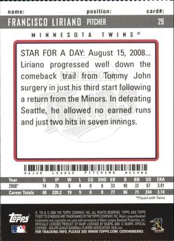 2009 Topps Ticket to Stardom - Perforated #29 Francisco Liriano Back