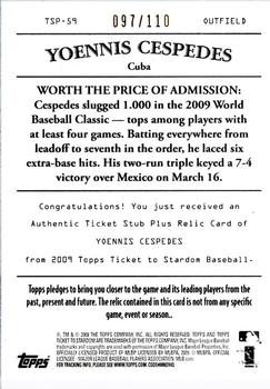 2009 Topps Ticket to Stardom - Ticket Stubs Plus Memorabilia #TSP-59 Yoenis Cespedes Back