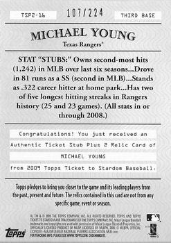 2009 Topps Ticket to Stardom - Ticket Stubs Plus Memorabilia Dual #TSP2-16 Michael Young Back