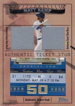 2009 Topps Ticket to Stardom - Ticket Stubs Plus Memorabilia Dual #TSP2-33 Matt Kemp Front