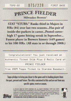 2009 Topps Ticket to Stardom - Ticket Stubs Plus Memorabilia Dual #TSP2-22 Prince Fielder Back