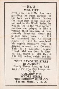 1938 Goudey Big League Movies (R326) #3 Mel Ott Back