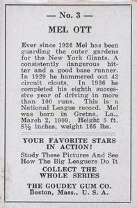 1938 Goudey Big League Movies (R326) #3 Mel Ott Back