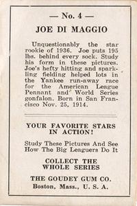 1938 Goudey Big League Movies (R326) #4 Joe DiMaggio Back