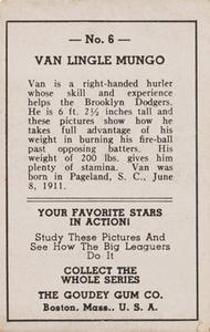 1938 Goudey Big League Movies (R326) #6 Van Lingle Mungo Back