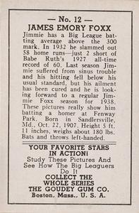 1938 Goudey Big League Movies (R326) #12 Jimmie Foxx Back