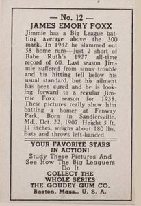 1938 Goudey Big League Movies (R326) #12 Jimmie Foxx Back