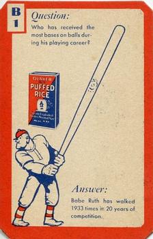 1934 Quaker Oats Ask Me Trivia #B1 Babe Ruth / Lou Gehrig / Ed Delahanty / Bob Lowe Front