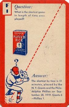 1934 Quaker Oats Ask Me Trivia #F1 New York Giants / Philadelphia Phillies / Cincinnati Reds Front