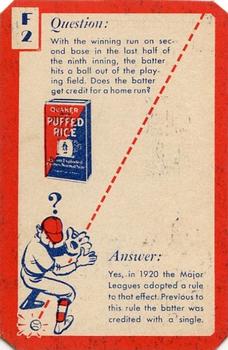 1934 Quaker Oats Ask Me Trivia #F2 Home Run Rule – Strikeout Rule Front