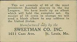 1928 Sweetman (F50) #1 Burleigh Grimes Back