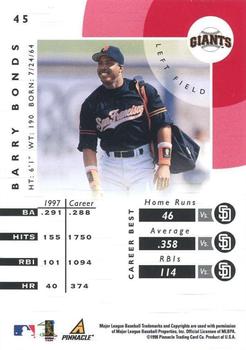 1998 Pinnacle Certified Test Issue - Certified Red Test Issue #45 Barry Bonds Back