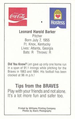1985 Atlanta Braves Police #NNO Len Barker Back