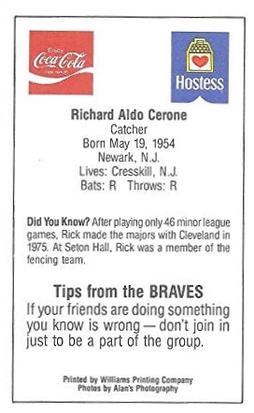 1985 Atlanta Braves Police #NNO Rick Cerone Back