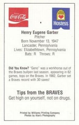 1985 Atlanta Braves Police #NNO Gene Garber Back