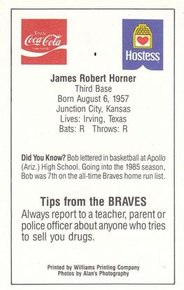 1985 Atlanta Braves Police #NNO Bob Horner Back