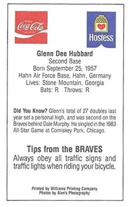 1985 Atlanta Braves Police #NNO Glenn Hubbard Back