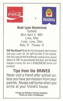 1985 Atlanta Braves Police #NNO Brad Komminsk Back
