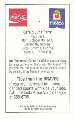 1985 Atlanta Braves Police #NNO Gerald Perry Back