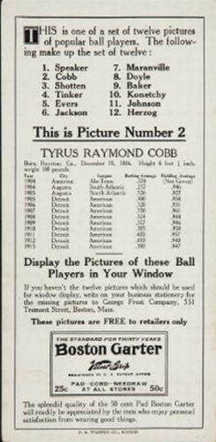 1914 Boston Garter (H813-2) #2 Ty Cobb Back