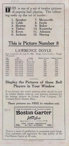 1914 Boston Garter (H813-2) #8 Larry Doyle Back