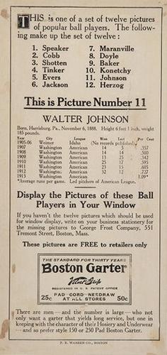 1914 Boston Garter (H813-2) #11 Walter Johnson Back
