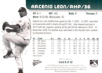 2010 MultiAd Lexington Legends #6 Arcenio Leon Back