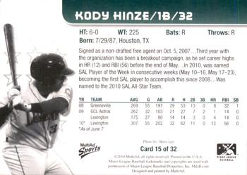 2010 MultiAd Lexington Legends #15 Kody Hinze Back