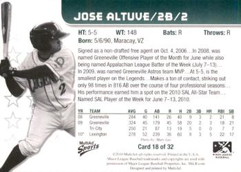 2010 MultiAd Lexington Legends #18 Jose Altuve Back