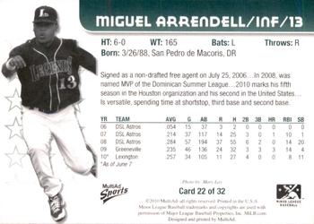 2010 MultiAd Lexington Legends #22 Miguel Arrendell Back
