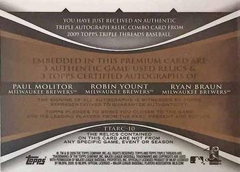 2009 Topps Triple Threads - Relic Combo Autographs Sepia #TTARC-10 Paul Molitor / Robin Yount / Ryan Braun Back