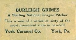 1927 York Caramel (E210) (Type 1) #1 Burleigh Grimes Back