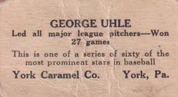 1927 York Caramel (E210) (Type 1) #11 George Uhle Back