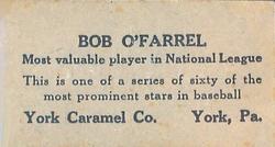 1927 York Caramel (E210) (Type 1) #12 Bob O'Farrell Back