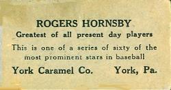 1927 York Caramel (E210) (Type 1) #13 Rogers Hornsby Back